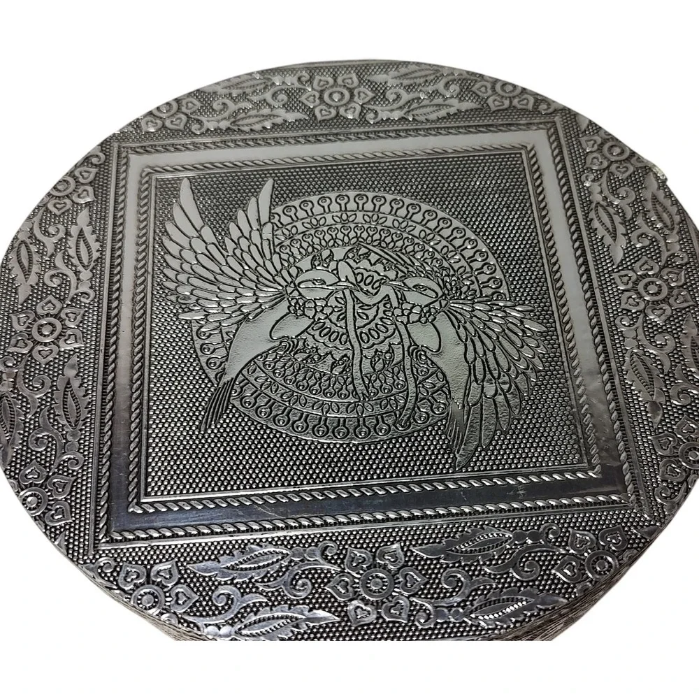 New Handcrafted Jewelry Trinket Box Embossed Birds Aluminum and Red Velvet India